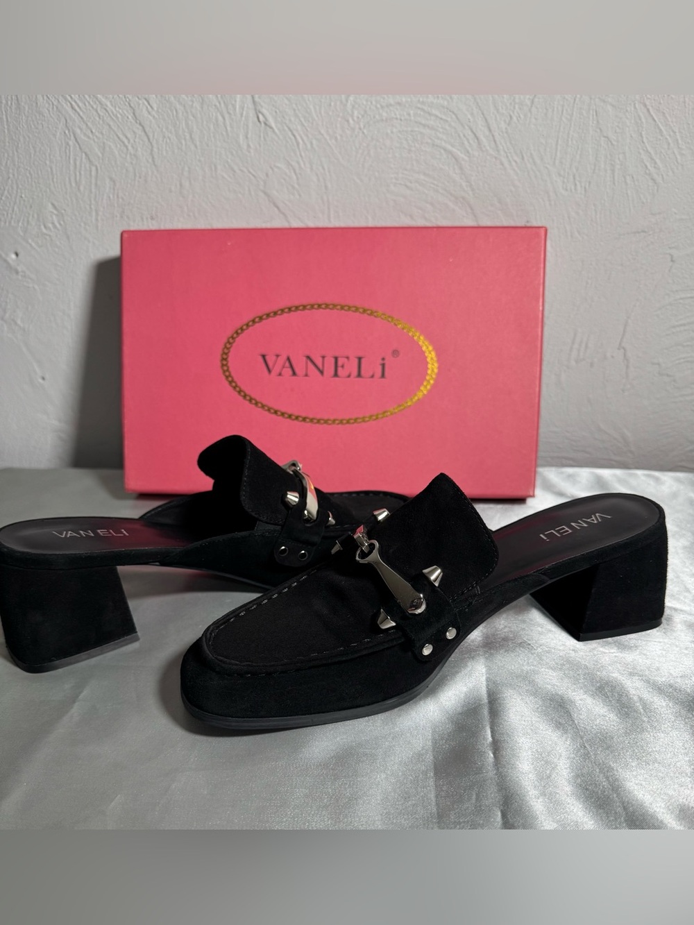 Vaneli Black Suede Slip-On Block Heel Mules - 9N